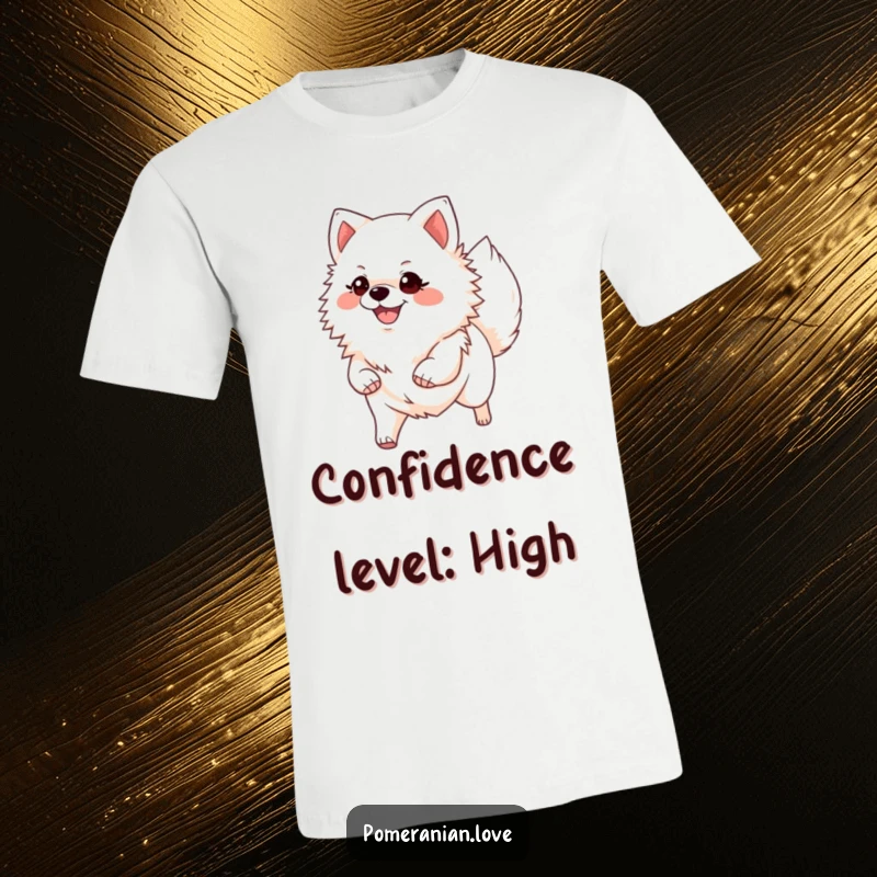 Funny Pomeranian t-shirt, depicting a happy dog with its tail high, confidently trotting along with a cheerful and proud demeanor.