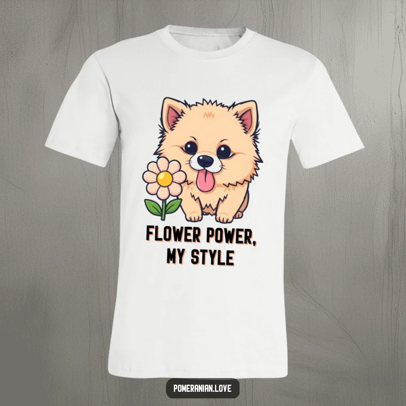 Funny Pomeranian t-shirt, a cute dog with tongue out sniffing a flower, playful and charming canine design.