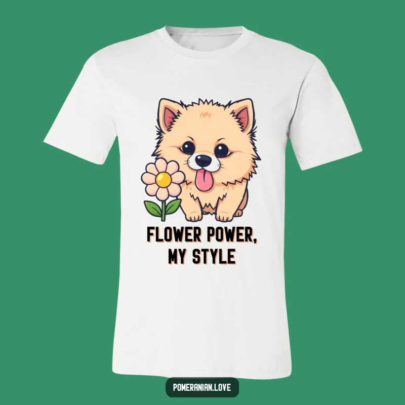 Funny Curious Pomeranian Sniffing Flower T-Shirt: Adorable Dog Humor Tee