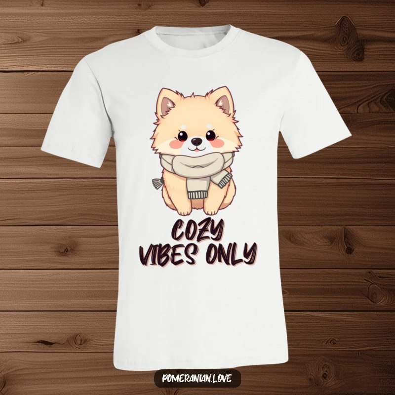 Funny Pomeranian dog wearing a tiny scarf, looking content and cozy, printed on a comfortable t-shirt.