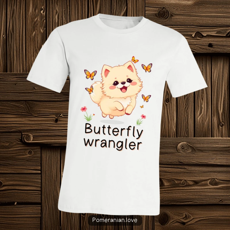 Funny Pomeranian T-shirt of a dog joyfully chasing butterflies, symbolizing delight and carefree enjoyment.