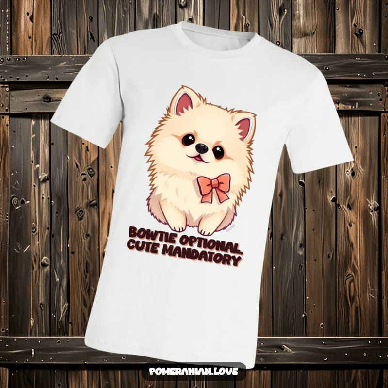 Funny Pomeranian t-shirt showing a dog in a small bow tilting its head curiously, perfect for charming and witty individuals.
