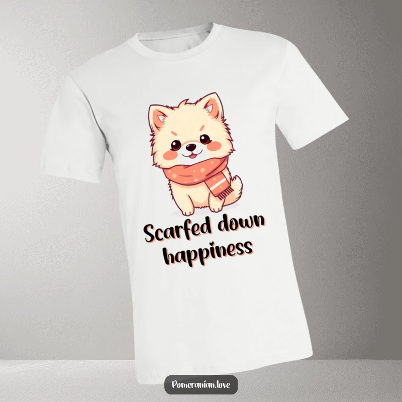Funny Pomeranian cozy scarf t-shirt, a content dog wearing a small scarf, looking warm and humorous.