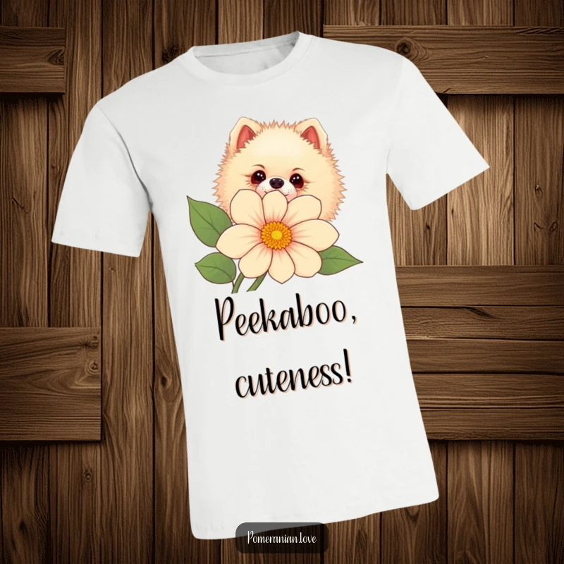 Funny Pomeranian dog peeking out from behind a vibrant flower, featured on a soft t-shirt.