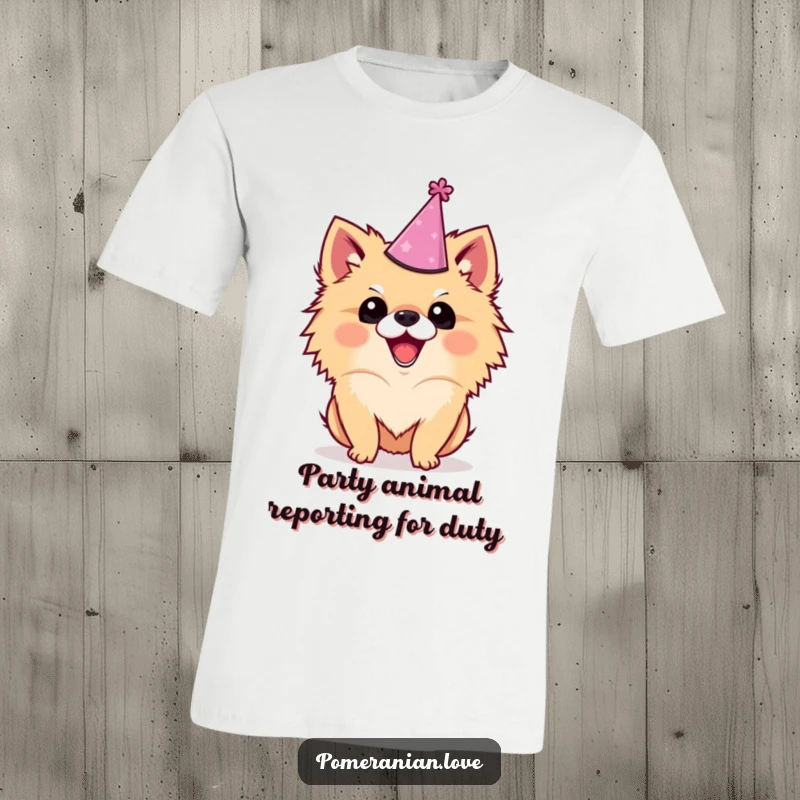 Funny Pomeranian t-shirt showing an excited dog in a tilted party hat, captured mid-wag, a joyous and humorous depiction.