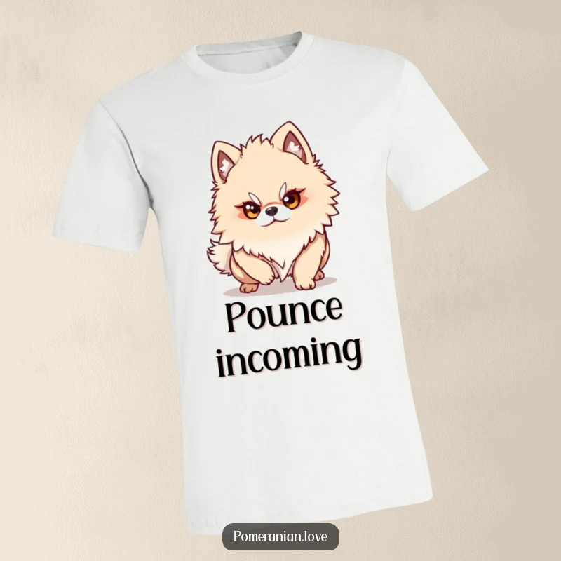 Funny Pomeranian dog character with a determined, focused gaze, poised to pounce, radiating intensity on this graphic t-shirt.
