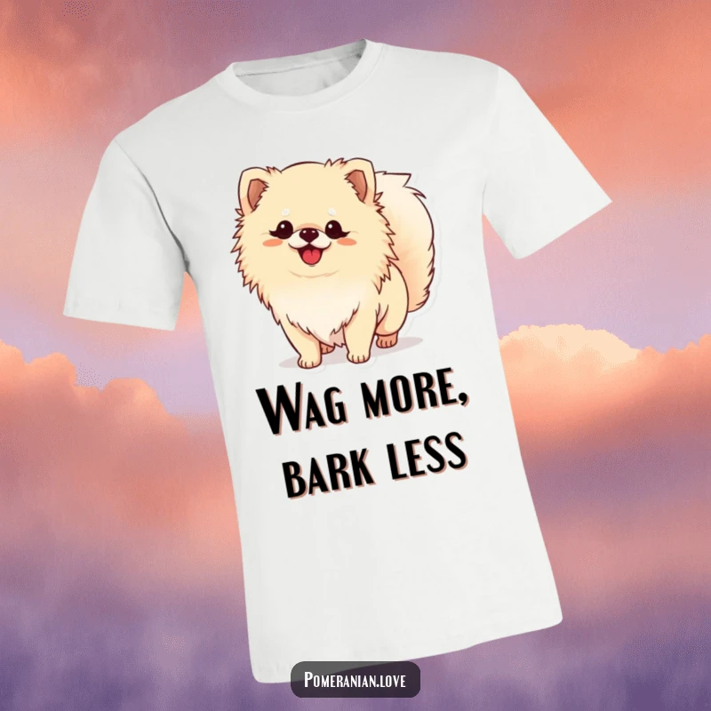 Funny Pomeranian shirt featuring a happy dog wagging its bushy tail, radiating excitement and charm. A must-have for dog moms and dads.