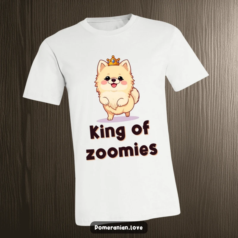 Funny Pomeranian T-shirt design of a fluffy dog in a crown prancing joyfully, a Posh and playful apparel.