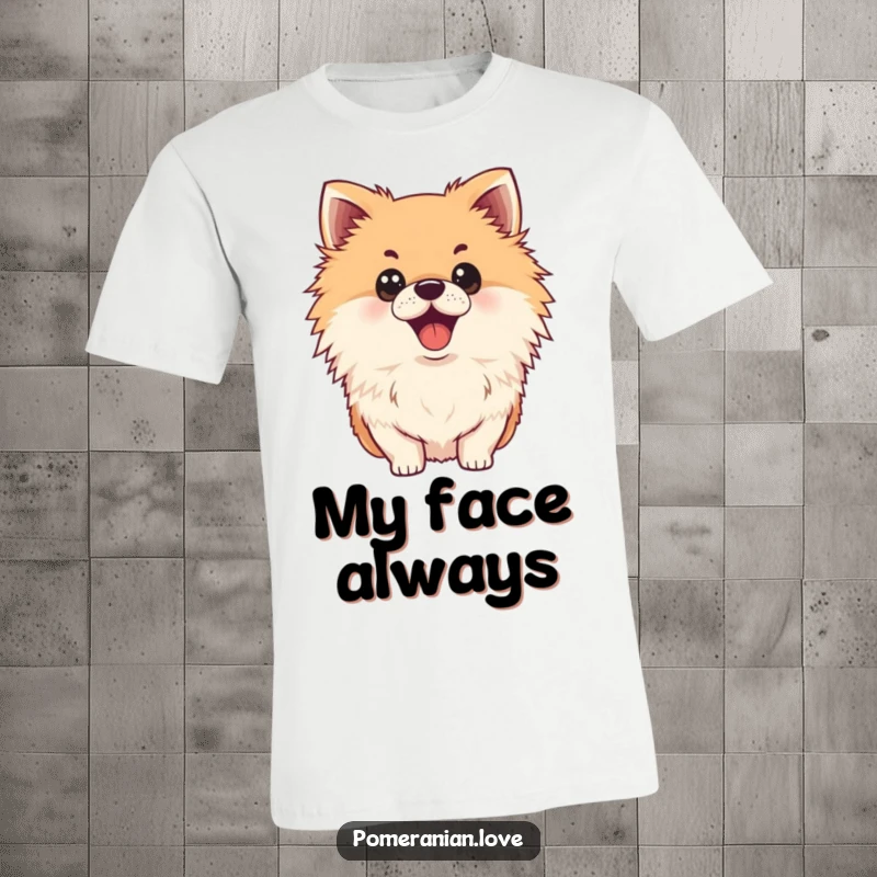 Funny surprised Pomeranian t-shirt, wide eyes, open mouth, shocked expression, great gift for dog lovers.