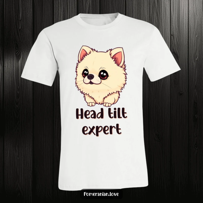 Funny Pomeranian T-Shirt: A fluffy Pomeranian tilts its head with wide, innocent eyes, showcasing adorable curiosity and sweet innocence.