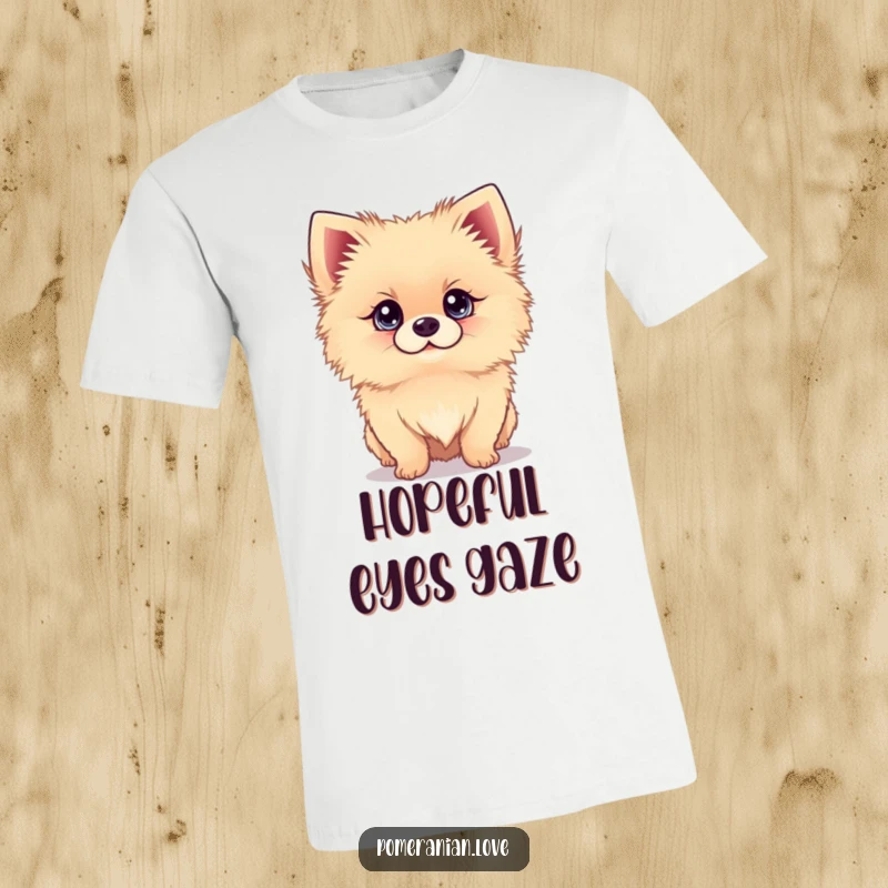 Funny t-shirt featuring a Pomeranian dog looking up with big, bright, soulful eyes, capturing innocence.