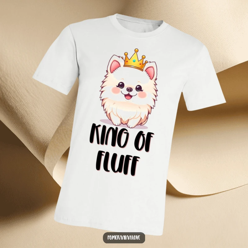 Funny t-shirt featuring a cheerful Pomeranian dog wearing a small crown, celebrating cute royalty.