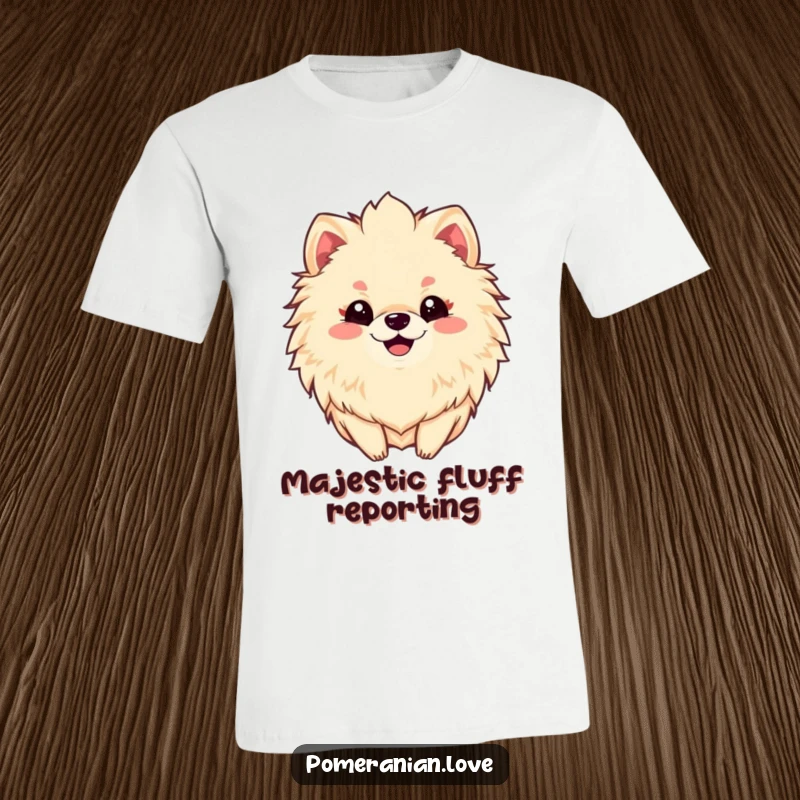 Funny t-shirt showcasing a happy Pomeranian dog proudly displaying its voluminous and fluffy mane with a big smile.