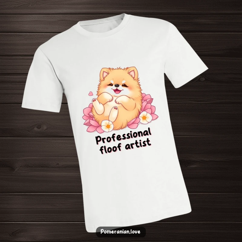 Funny Pomeranian t-shirt, celebrating pure bliss by rolling on its back in a vibrant field of soft, delicate flower petals.