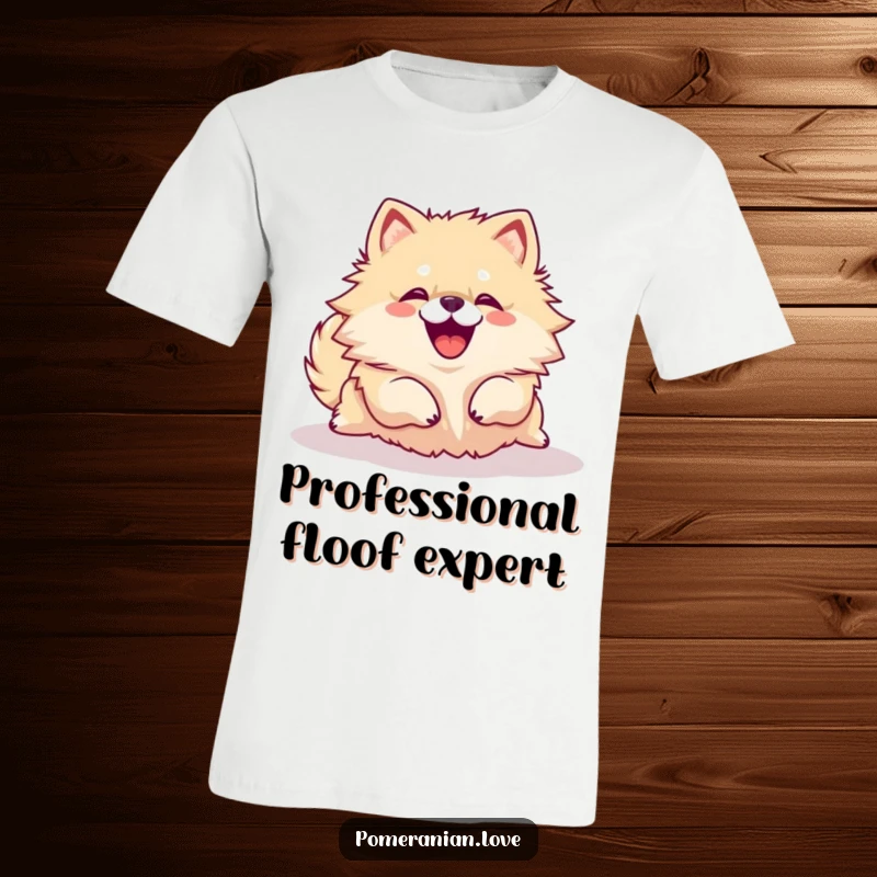 Funny Pomeranian dog rolling over with a joyful yip printed on a comfortable t-shirt, a hilarious gift.