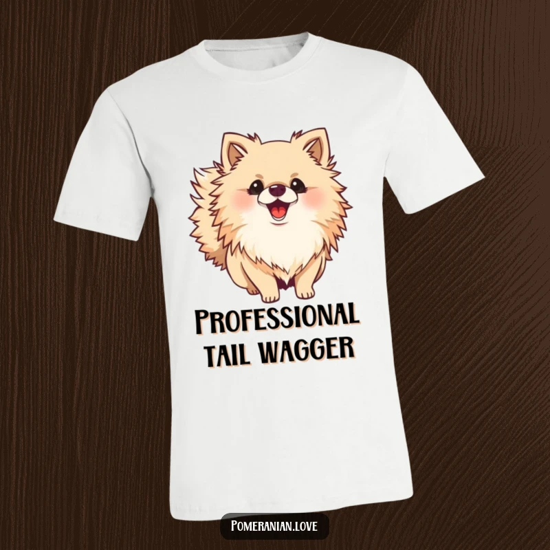 Funny Pomeranian t-shirt showing a fluffy dog with a bushy tail wagging enthusiastically, perfect for pet lovers and humor seekers.