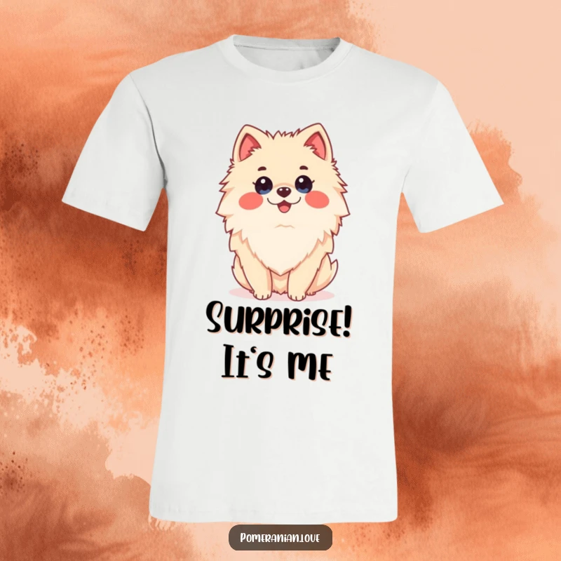 Funny Pomeranian dog with a comically surprised expression, wide-eyed and mouth agape, printed on a t-shirt.
