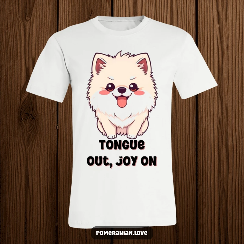 Funny Pomeranian happy pant t-shirt, a cheerful dog with its tongue sticking out slightly, conveying infectious happiness.