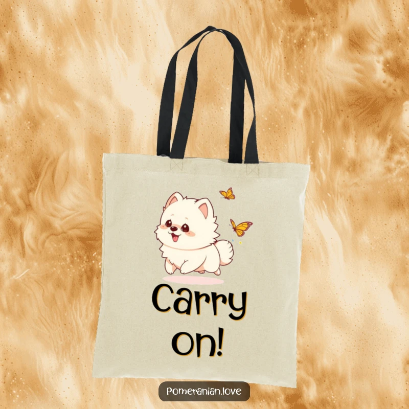 Funny playful Pomeranian tote bag, a cute dog joyfully pursuing a butterfly, perfect funny accessory.