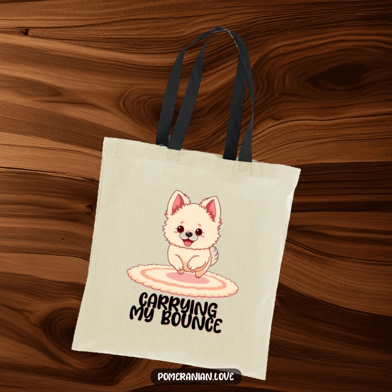 Funny Pomeranian with oversized ears bouncing playfully on a rug, printed on a durable tote bag.