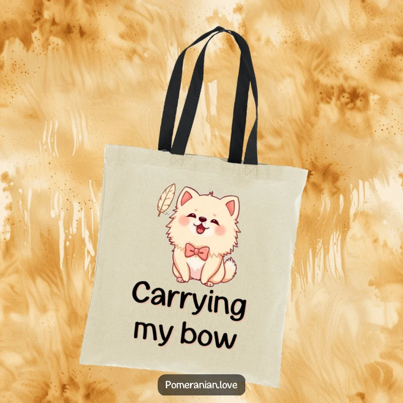 Funny Bowed Pomeranian Tote Bag: A Pomeranian in a bow cheerfully barks at a floating feather, perfect for carrying your items with playful energy.