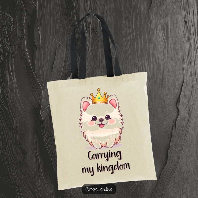 Funny tote bag featuring a cheerful Pomeranian dog adorned with a tiny crown, perfect for daily use.