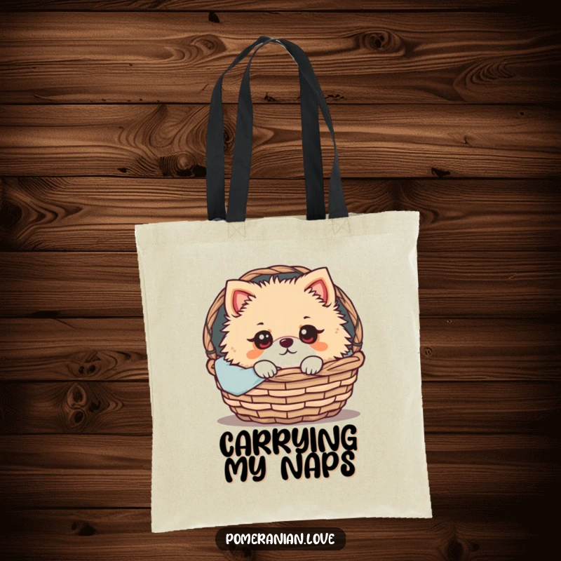 Funny Pomeranian Tote Bag: A Pomeranian with wide, expressive eyes peeking out from a cozy basket, showcasing a sweet and endearing pet moment.