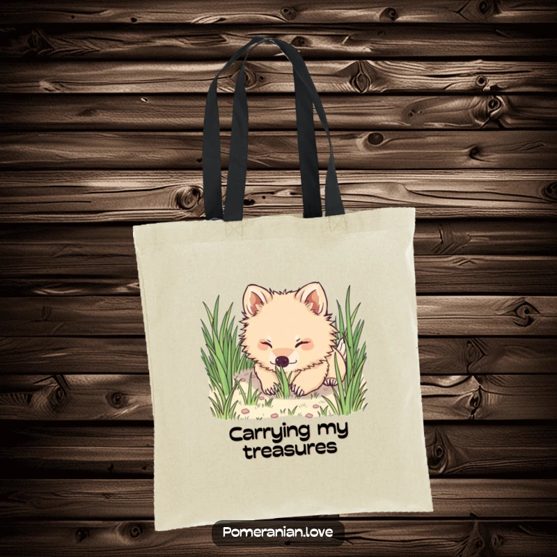 Funny Pomeranian tote bag, depicting a cute dog enthusiastically digging its nose into green grass, radiating joy.
