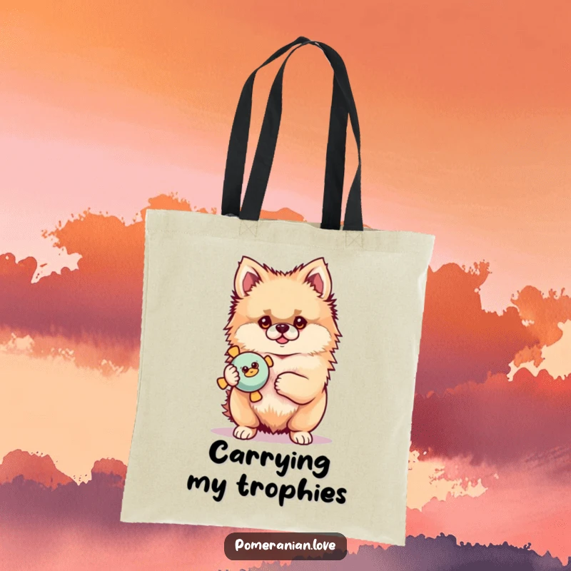 Funny Pomeranian tote bag of a proud dog holding a squeaky toy, symbolizing playful achievement and carrying joy.