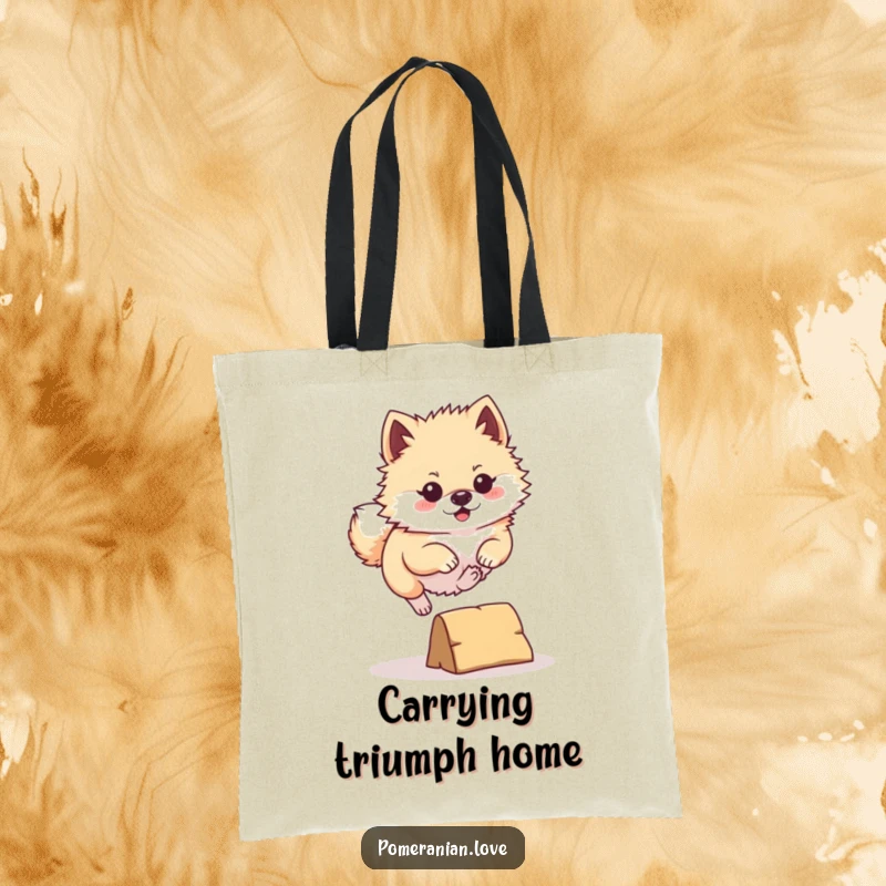 Funny Pomeranian Tote Bag: A determined Pomeranian energetically leaping over a tiny obstacle, showcasing canine spirit and a can-do attitude.