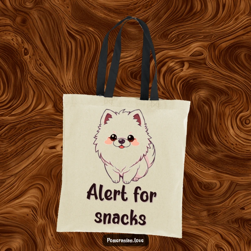 Funny Pomeranian dog with its tail curled alertly over its back, depicted on a tote bag for watchful carrying.