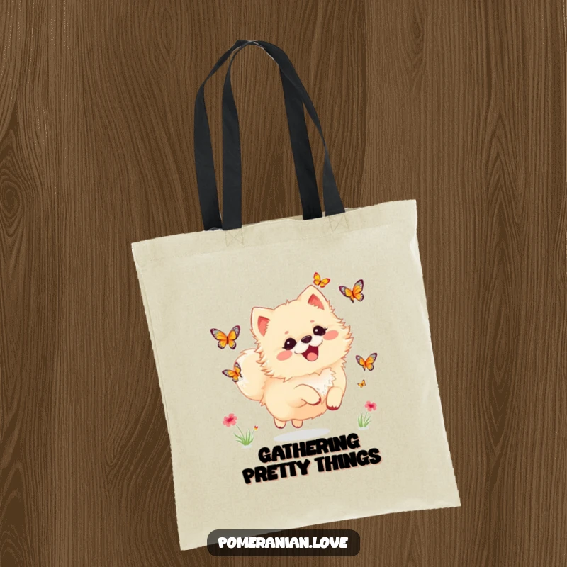 Funny Pomeranian tote bag showing a dog joyfully chasing butterflies, symbolizing delight and carrying happy dreams.