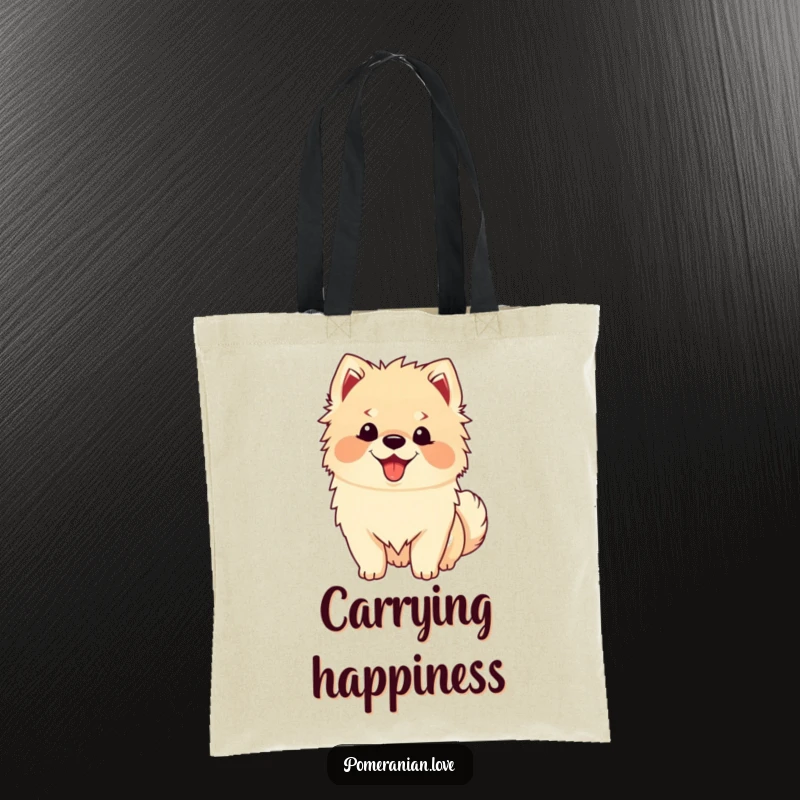 Funny Happy Pomeranian Tote Bag: A fluffy Pomeranian wags its tail excitedly, perfect for carrying your items with happy dog energy.