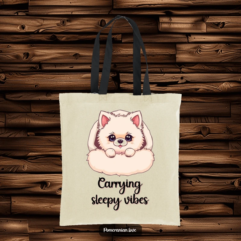 Funny Pomeranian tote bag, a fluffy dog peeking out from a soft bed, with wide, curious eyes, ready for errands.