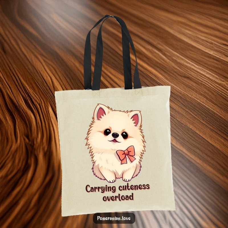 Funny Pomeranian tote bag featuring a dog in a small bow tilting its head curiously, adding a touch of whimsy to daily errands.