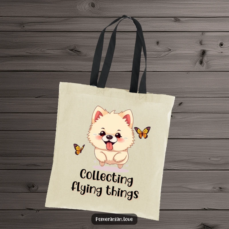 Funny Pomeranian tote bag, a silly dog with tongue out, joyfully chasing a colorful butterfly, ready for errands.
