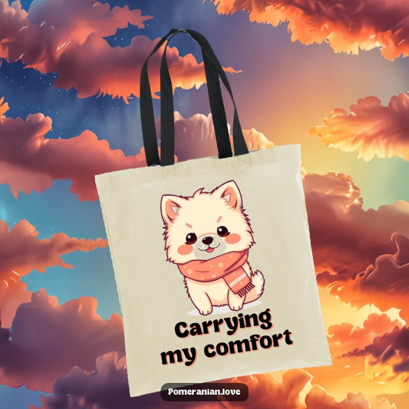 Funny Pomeranian cozy scarf tote bag, a content dog wearing a small scarf, looking warm and humorous, perfect accessory.