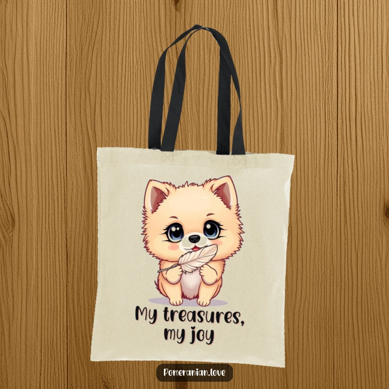 Funny Pomeranian tote bag featuring a dog with big, bright eyes playing with a feather, ideal for shopping and daily adventures.