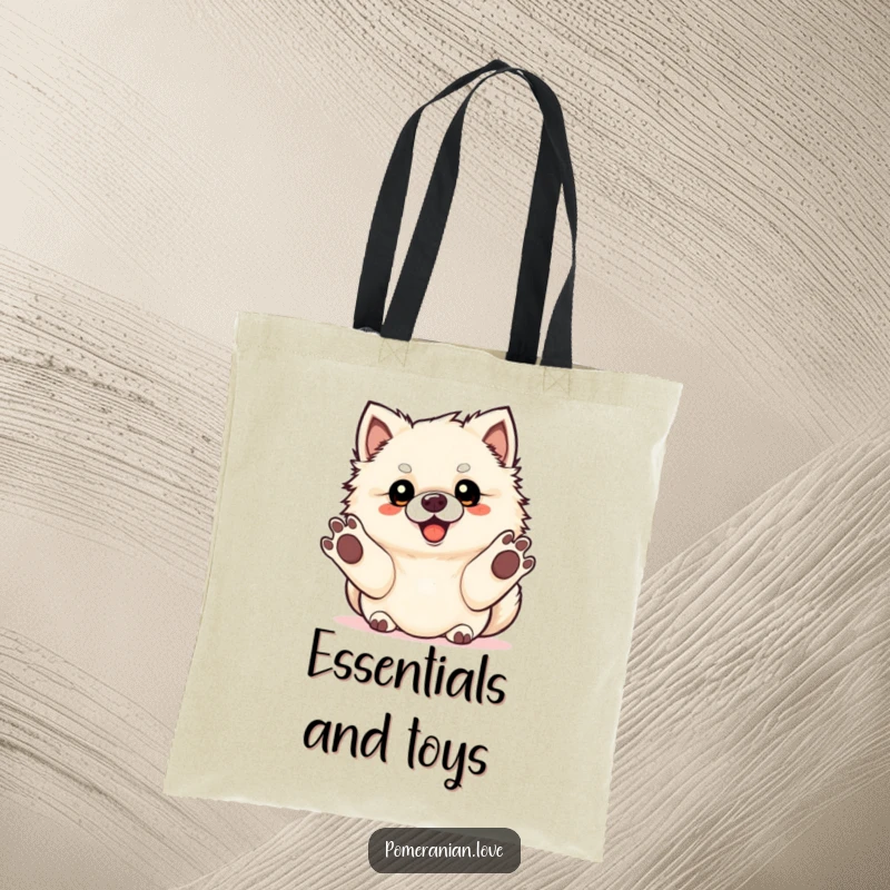 Funny Pomeranian dog with paws outstretched, ready for a game of fetch, on a tote bag.