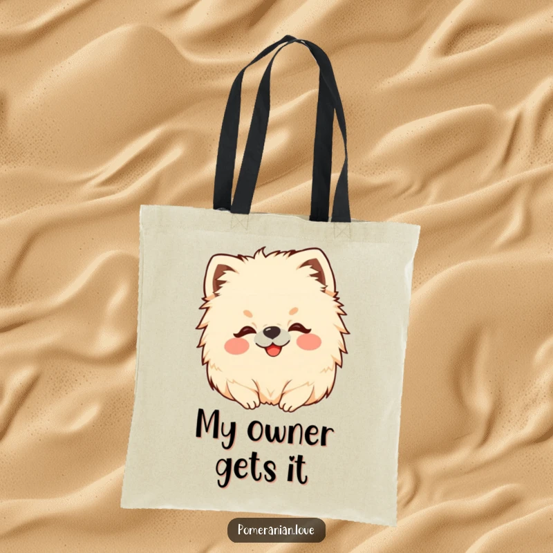 Funny Pomeranian tote bag with a delightful illustration of a dog enjoying a satisfying head scratch.