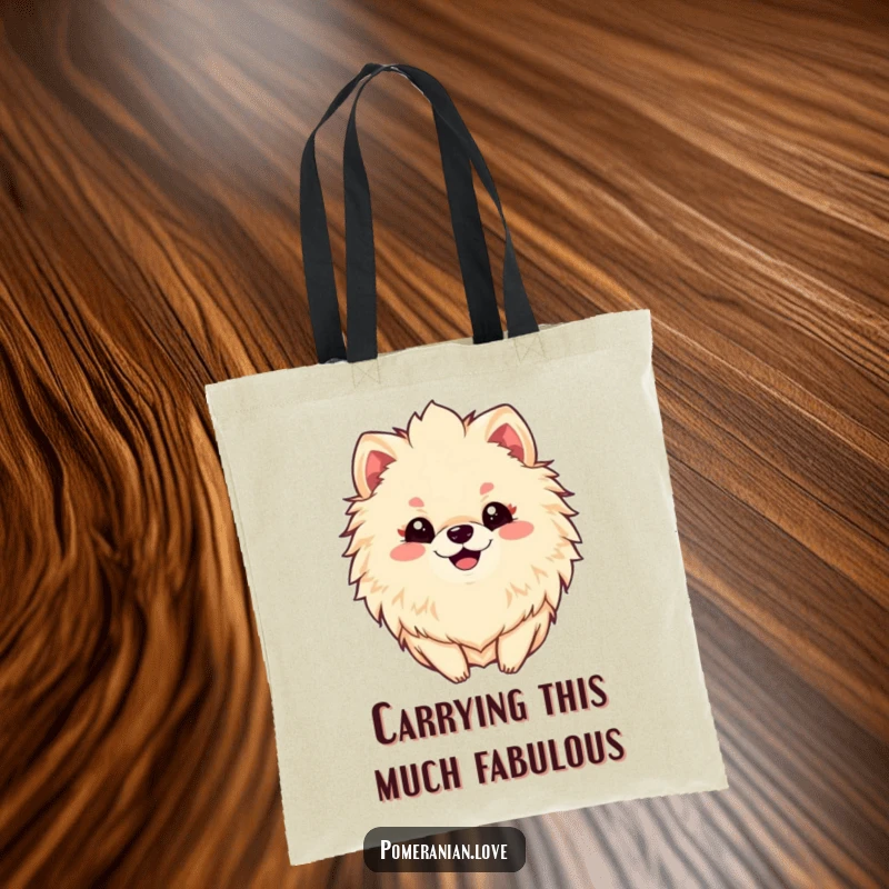 Funny tote bag featuring a smiling Pomeranian with a spectacular, fluffy mane, perfect for carrying daily necessities.
