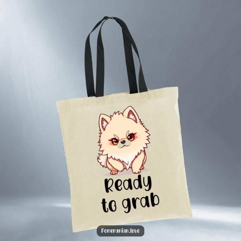 Funny Pomeranian dog character with a determined gaze, ready to pounce, showcasing its focused spirit on this practical tote bag.