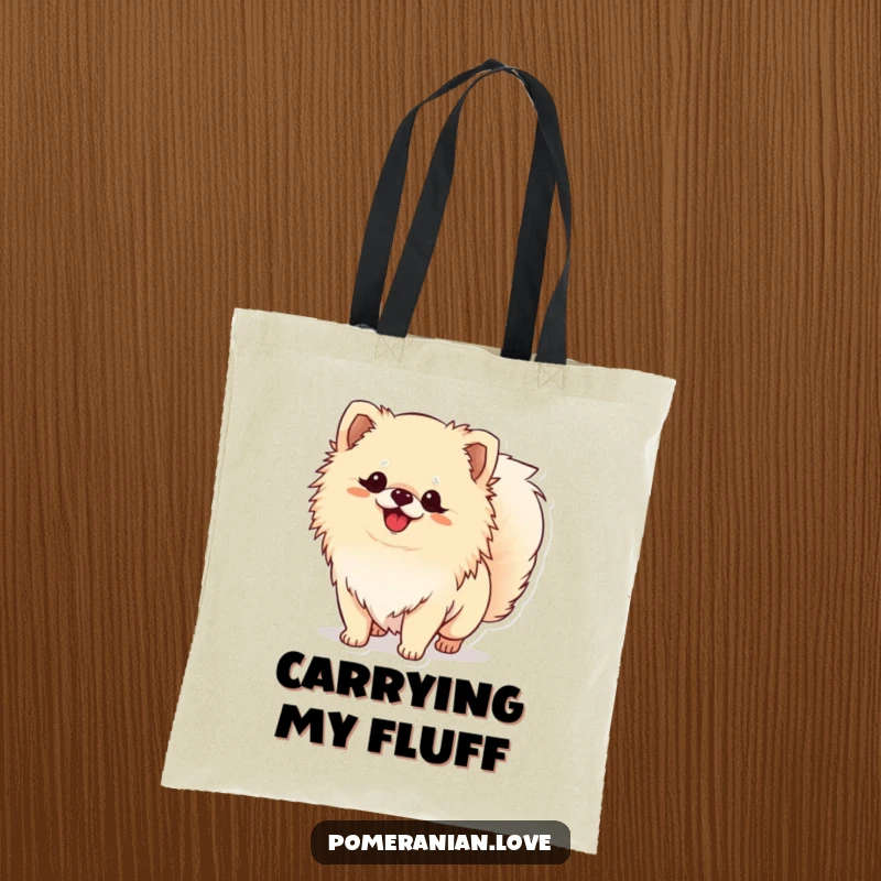 Funny Pomeranian tote bag depicting a dog joyfully wagging its bushy tail, ideal for carrying groceries or daily items.