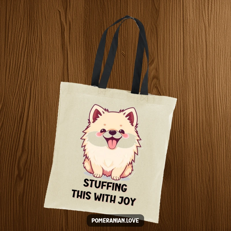 Funny tote bag featuring a smiling Pomeranian with its tongue sticking out, conveying pure, unadulterated doggy joy.