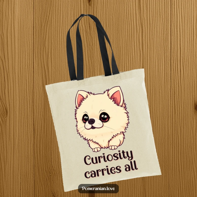 Funny Pomeranian Tote Bag: A stylish tote featuring a fluffy Pomeranian tilting its head with wide, innocent eyes, perfect for carrying items with charm.