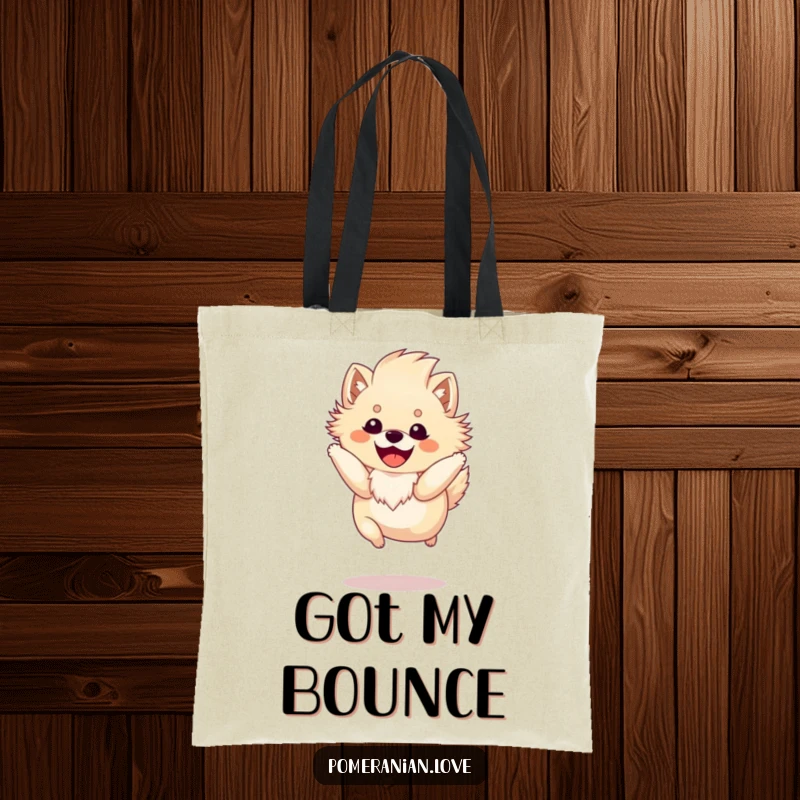 Funny Pomeranian tote bag showing a happy dog with a fluffy mane mid-spirited jump, ready for adventures and daily use.
