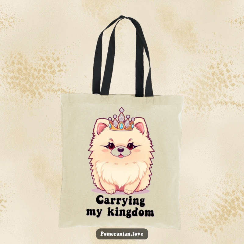 Funny Pomeranian Tote Bag: A stylish tote featuring a fluffy Pomeranian wearing a sparkly tiara, perfect for carrying items with royal flair.