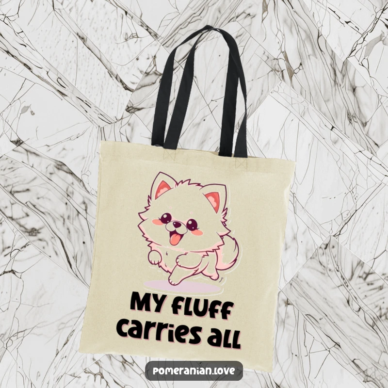 Funny Tote Bag: A fluffy Pomeranian dog running with its tongue out, ready for any adventure.