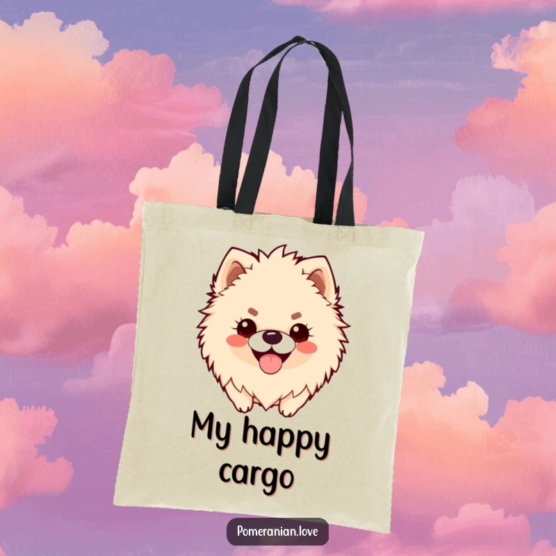 Funny tote bag featuring a fluffy Pomeranian with a happy panting smile, a cheerful and humorous accessory.