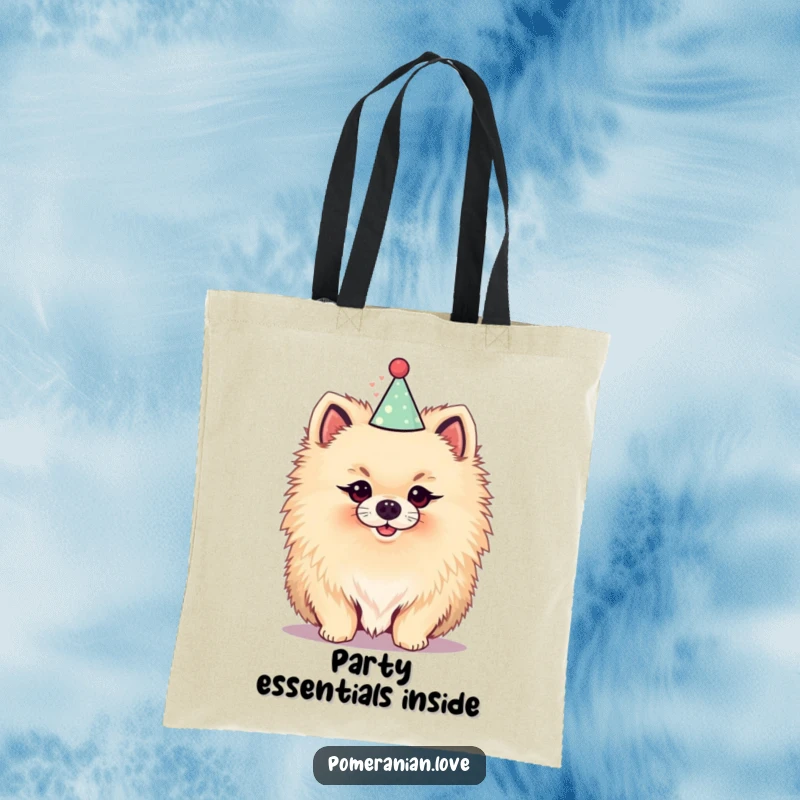 Funny tote bag featuring a fluffy Pomeranian with a party hat, ready for celebrations and carrying all your essentials in style.